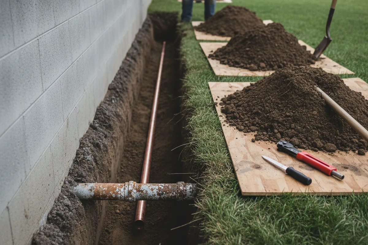 Excavated water line trench during Water Heater Repair in Emerson